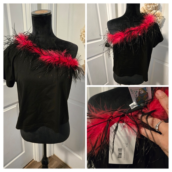 NWT QOS Black and Red Feathered One Arm Top - XS - Picture 1 of 5